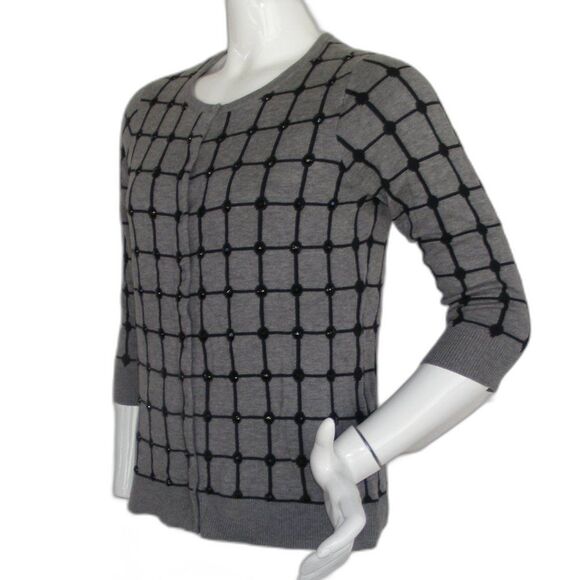 new COLDWATER CREEK Cardigan, XS/4-6 Windowpane, 3/4 sleeves, Gray & Black - Picture 4 of 13